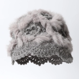 Winter warm hand-crocheted grey bunny fur knit hat with elegant wavy flower edge