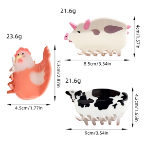 Whimsical animal hair claws including pink hen, white pig and cow with size dimensions