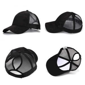 Women's black camo mesh baseball cap with ponytail hole and adjustable velcro strap