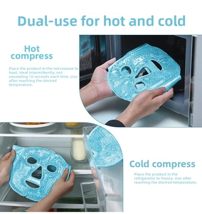 Dual-use blue gel bead face mask for hot and cold therapy with microwave and fridge instructions