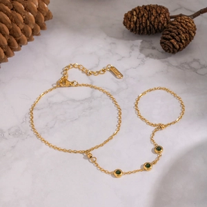 Finger Ring Bracelet Gold Plated Stainless Steel With Green Zircon Round Geometric Hand Chain For Women Jewelry