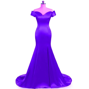 Detail of elegant off-shoulder purple satin evening gown with a mermaid silhouette