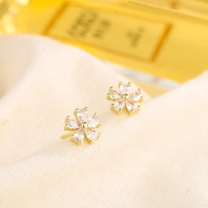 Elegant S925 silver five-petal flower stud earrings with sparkling white zircon stones