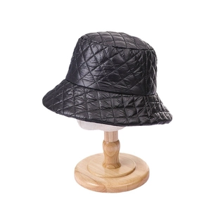 Ultralight quilted black bucket hat for winter featuring a stylish diamond lattice design