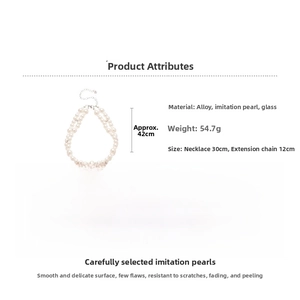 Detailed spec sheet of a double-layer pearl cross necklace with precise size measurements