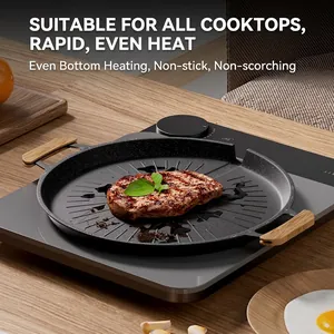 Round non-stick BBQ grill pan with wooden handles for induction and outdoor stoves