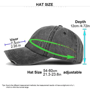 Size guide for ponytail baseball cap showing 54-60cm circumference and 7.5cm visor length
