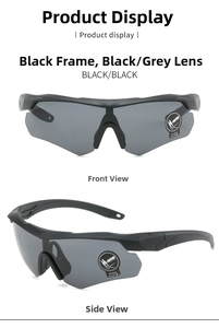 Front and side views of tactical safety goggles with black frame and smoke lenses