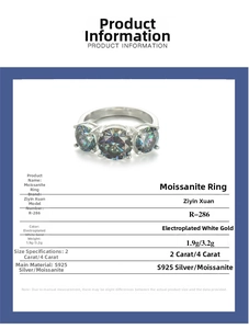 Detailed specifications of S925 silver moissanite ring with 2ct and 4ct weight options