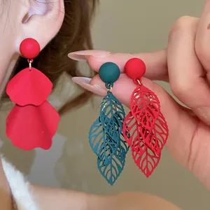 Matte Spray Painted Hollowed Out Leaf Flower Petal Drop Earrings With 925 Sterling Silver Earring Post For Women