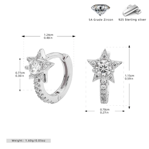 Detailed size specifications for sterling silver star earrings with 5A grade zircon