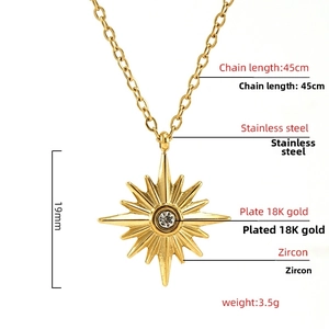 Detail view of 18K gold plated North Star pendant with zircon inlay and product dimensions