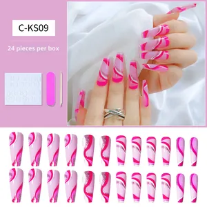 Coffret de 24 faux ongles longs roses à vagues avec paillettes et kit d'application