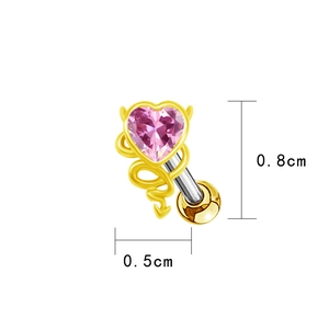 Detailed view of pink heart crystal earring with dimensions 0.8cm by 0.5cm