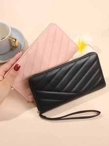 Women Long Wallet Quilted PU Leather Zip Around Clutch With Wristlet Strap Large Capacity Phone Holder Solid Color