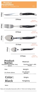 Detailed size chart for black stainless steel cutlery set with ABS handles for dining