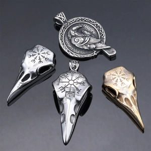 Viking Raven Bird Skull Pendant Necklace Stainless Steel Vegvisir Nordic Rune Compass Jewelry For Men Retro Gothic