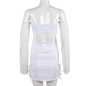 Rear view of white mesh sleeve dress with hollow-out back and drawstring detailing