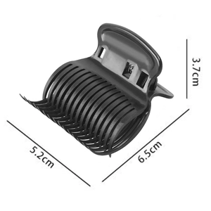 Detailed dimensions of a black plastic hair salon clip showing 5.2cm, 6.5cm, and 3.7cm measurements