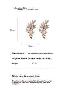 Detail view of wheat ear brooch with gold plating, marquise zircons, and pearl accent