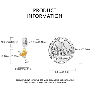 Detailed sizing of silver cocktail glass charm with dimensions and coin for scale