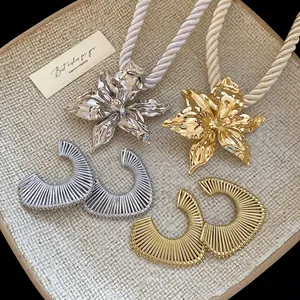 Oversized Flower Pendant Necklace And Earrings Alloy Chunky Satin Rope C-Shape Hoops With Silver Earring Post Women