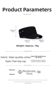 Size chart for cotton military flat top cap showing 56-61cm adjustable head circumference