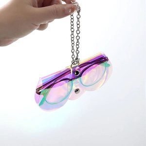 Iridescent laser PVC glasses bag with silver metal chain and purple sunglasses storage
