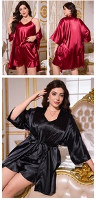 Detailed 3-piece satin sleepwear set with camisole, shorts and robe in red and black colors