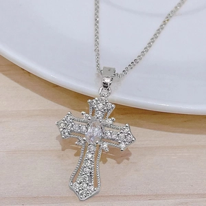 Retro punk cross pendant necklace with zircon stones and olive-shaped center gem
