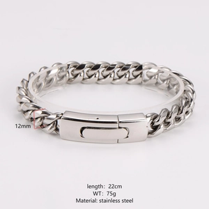 Men's silver stainless steel Cuban link bracelet, 12mm wide, 22cm long, hip hop style