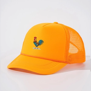 Adjustable orange trucker hat with colorful rooster print and breathable mesh back