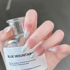 Pink aurora gradient press-on nails with iridescent pearlescent finish and long almond shape