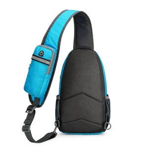 Detail of breathable honeycomb mesh padding and earphone port on nylon chest bag