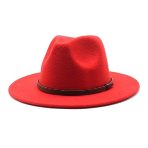 Classic red wool fedora hat featuring a slim dark brown leather band with metal buckle