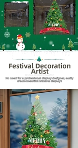 Detail showing static Christmas tree window stickers and festive snowflake decals on glass