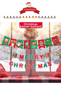 Close-up of festive Christmas banners with Santa, elk patterns and Merry Christmas lettering