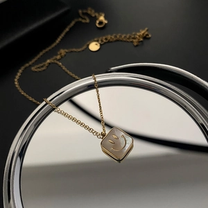 Pendant Necklace Titanium Steel With Mother Of Artificial Pearl Shell Smile Face Square Design Minimalist Fashion Jewelry For Women