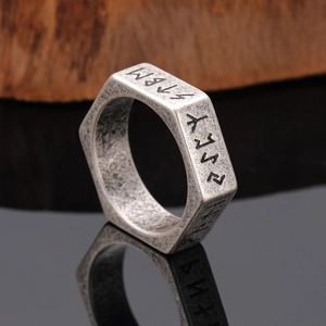Nordic Viking rune hexagonal nut ring in antique silver finish on black mirror base