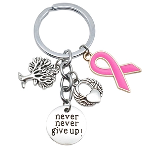 Silver Tree of Life and Heart Wings Keychain with Never Give Up engraved round plate