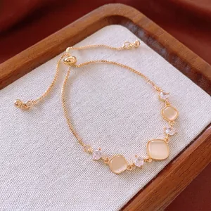 Luxury zircon square cat eye stone bracelet in gold with adjustable chain closure