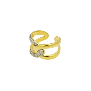 Close-up of dual-layer X-shaped ring with pavé-set zircons in 18k gold plated finish