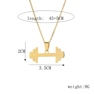Macro view of gold dumbbell pendant with size specs: 45+5cm length and 8g weight