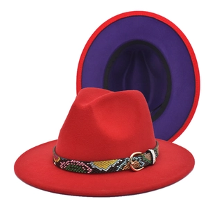 Detail of red fedora hat featuring colorful snakeskin band and purple contrast brim