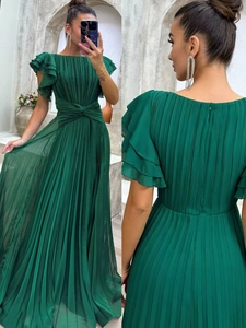 Women Pleated Maxi Dress Chiffon Ruffle Sleeve Waist Twist Dark Green Evening Party Elegant Gown