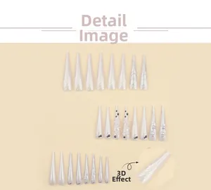 Close-up of long stiletto press-on nails with 3D water ripple and pearl decorations