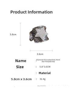 Detailed size specifications of silver star shark clip with rhinestones for high ponytail