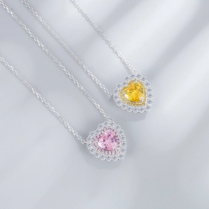 925 silver heart necklaces with yellow and pink high carbon diamonds on silk