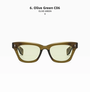 Detail view of stylish olive green acetate glasses frames with silver diamond hardware