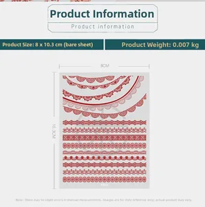 Detailed view of red lace pattern nail art stickers with intricate floral mesh designs